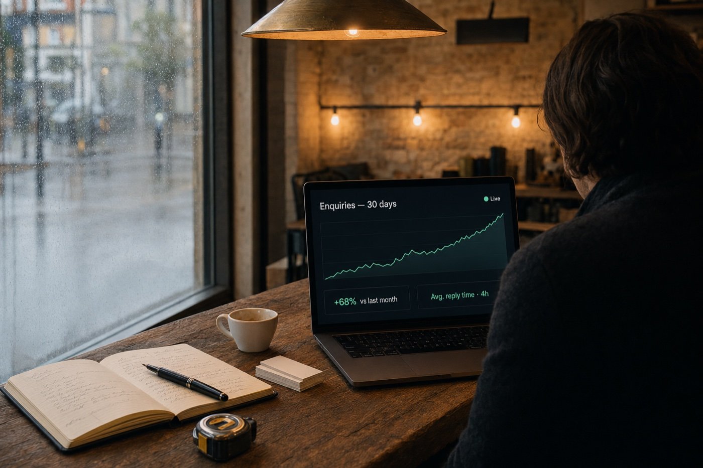 A small business owner reviewing a live enquiries dashboard on a laptop at a warm-lit London workshop counter — rising 30-day chart, +68% vs last month, average reply time 4 hours